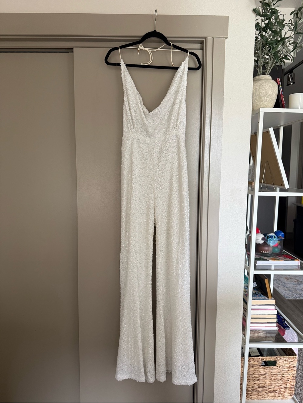 12th Tribe White Sequin V-Neck Wide-Leg Jumpsuit
